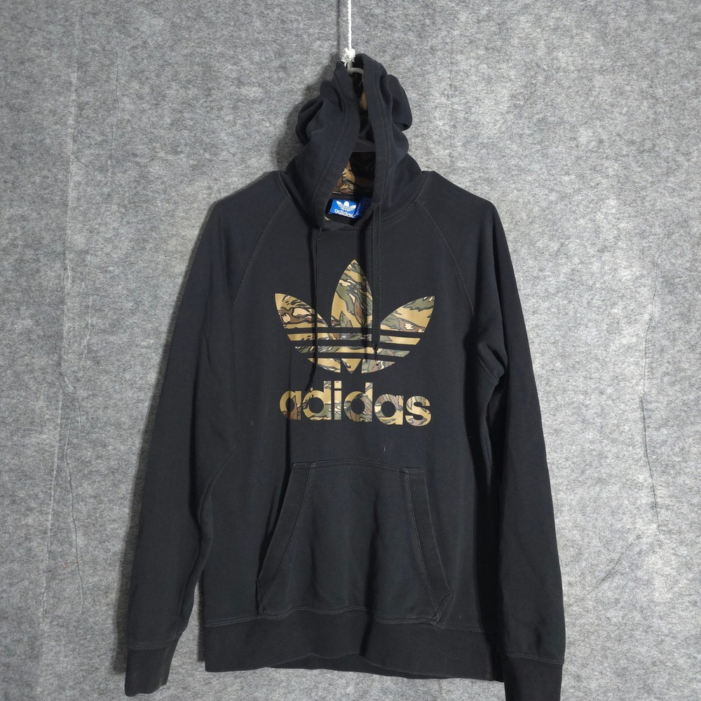 Adidas Originals Trefoil Hoodie Men Small Black Camo Logo Pullover Sweatshirt